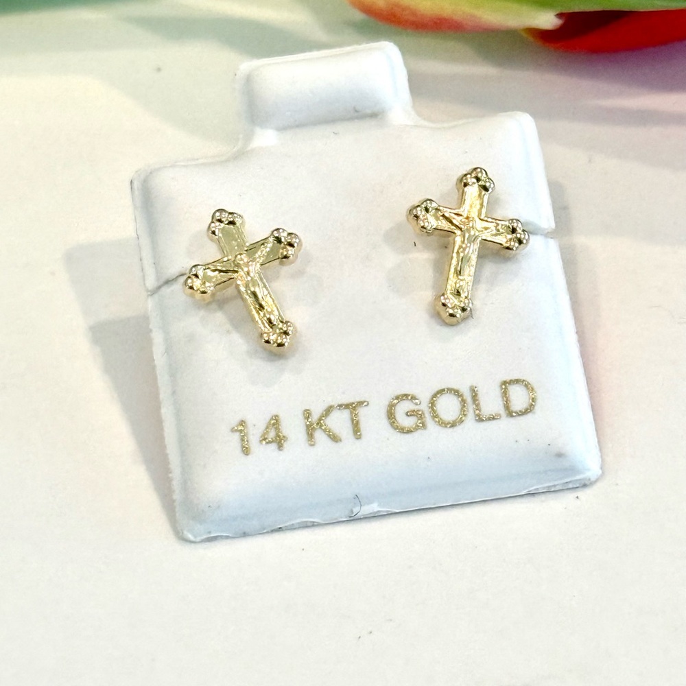 Solid Yellow Gold 14 Karat Cross Earring